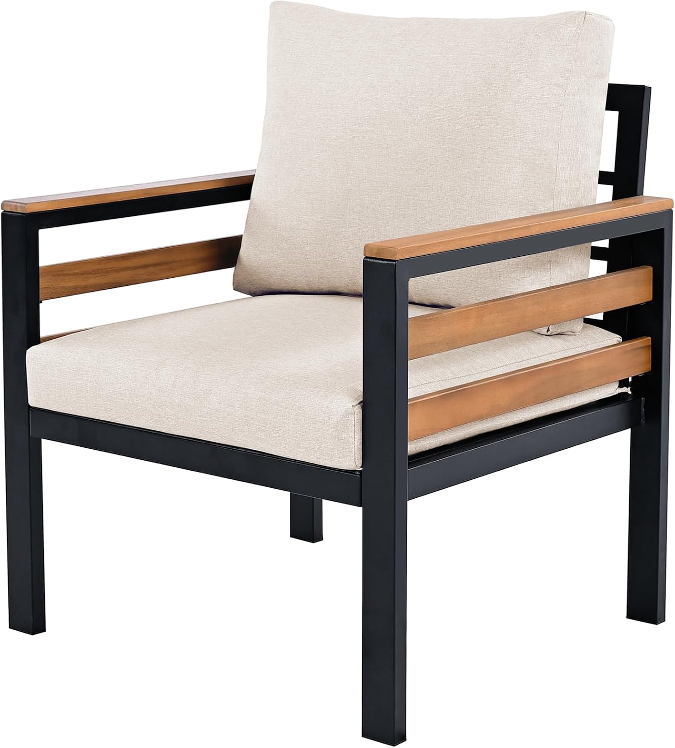 Outdoor Patio Furniture Set of 4, Patio Conversation Sets with Coffee Table, Acacia Wood Armrests and Thick Cushions, Outdoor Sectional Furniture Set for Poolside, Balcony, Deck, Beige