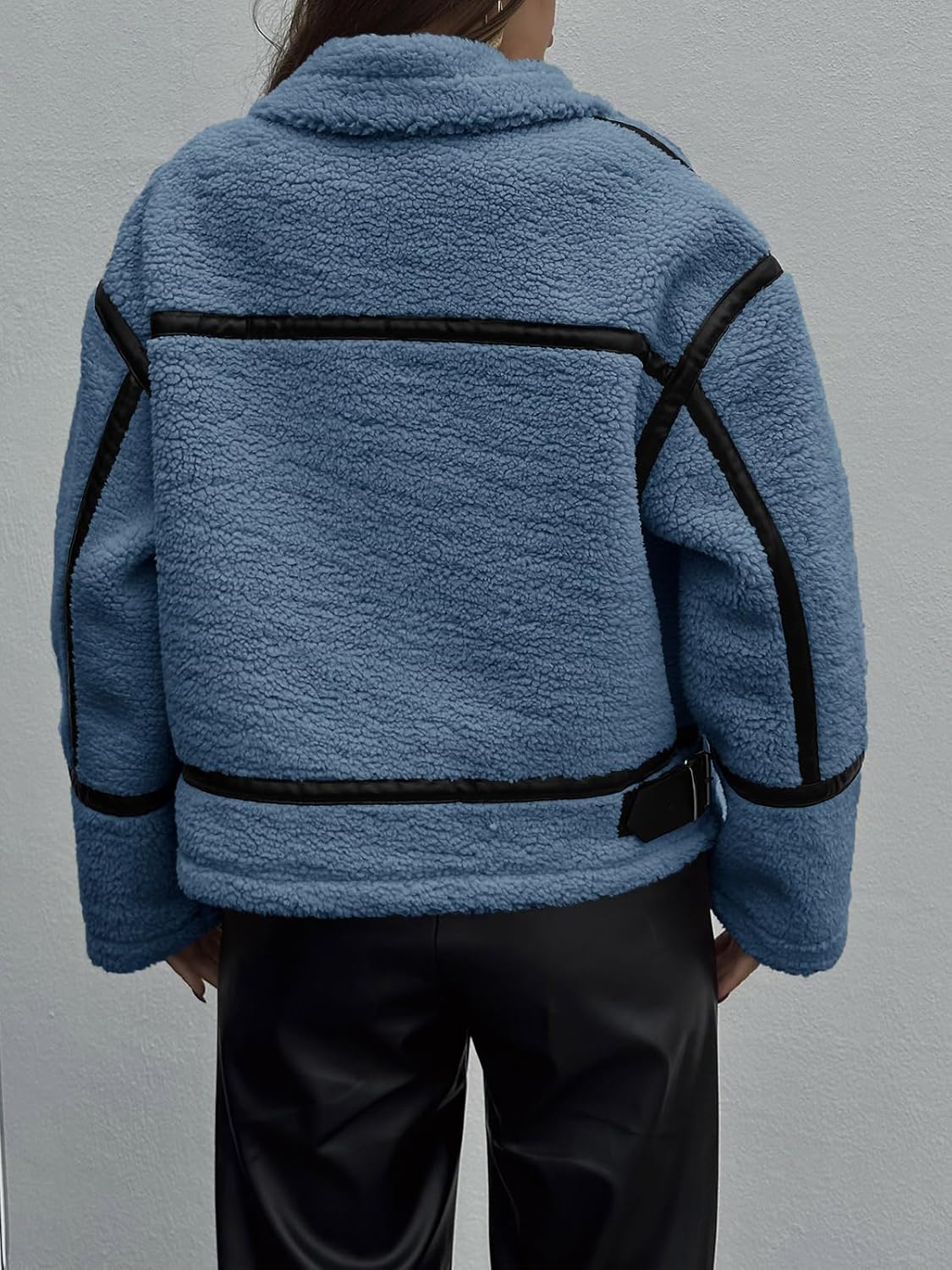 Tankaneo Womens Faux Fur Jackets Winter Trendy Sherpa Moto Leather Patchwork Zip Up Coat