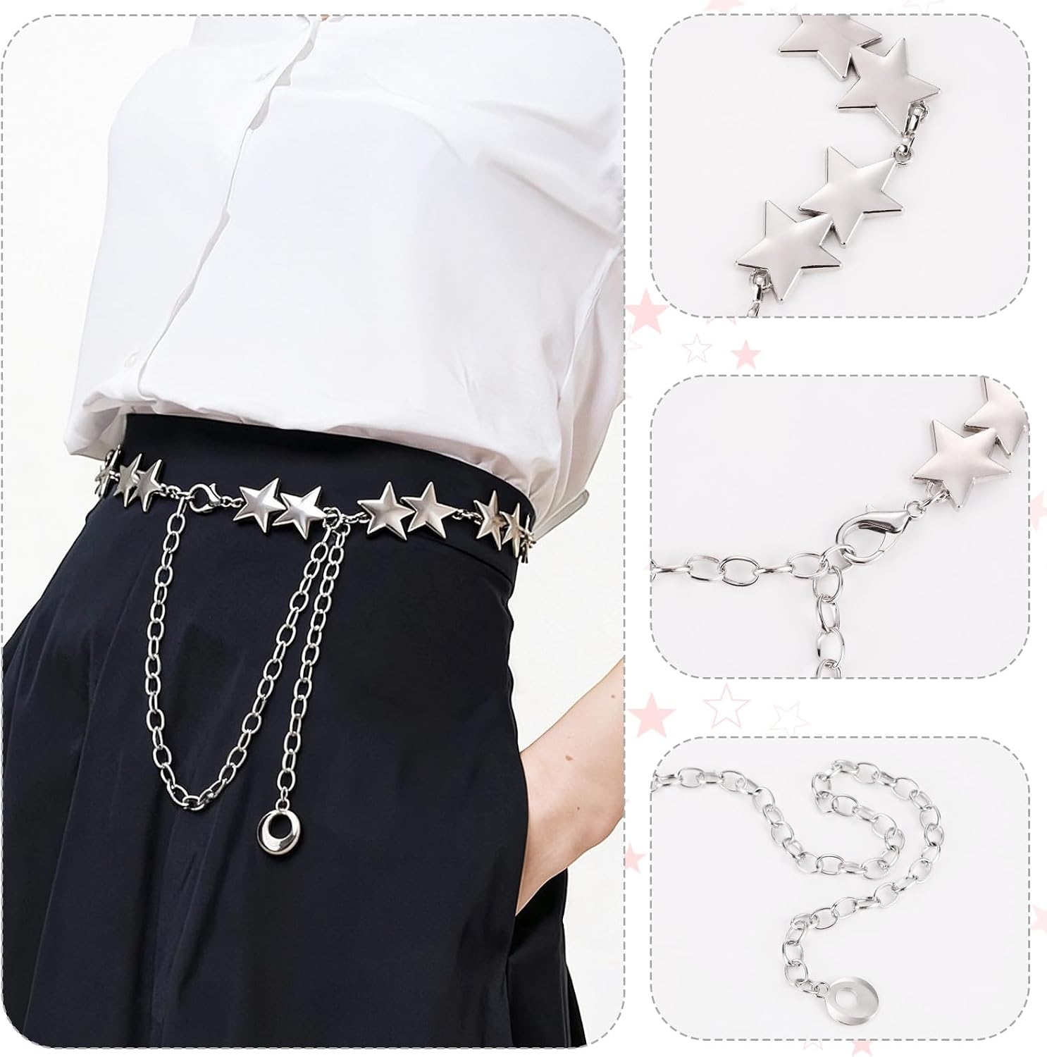 Y2K Chain Belts for Women, Star Waist Chain, Silver Body Chain with Adjustable Fit, Pants Chain for Trousers, Dresses, 3PCs