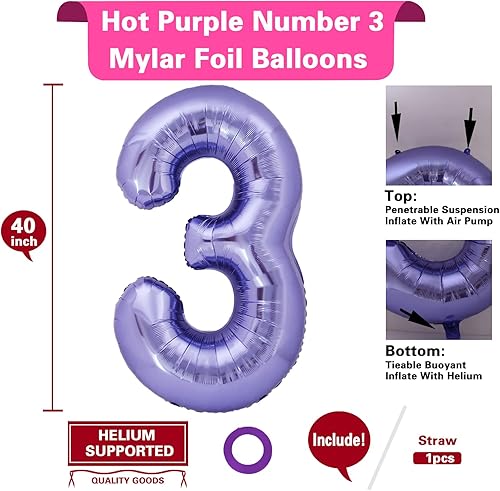 Miniatura 2 de Globo morado gigante de 40 pulgadas con el número 3, globos de aluminio de Mylar con helio para fiestas de cumpleaños, decoraciones de tercer