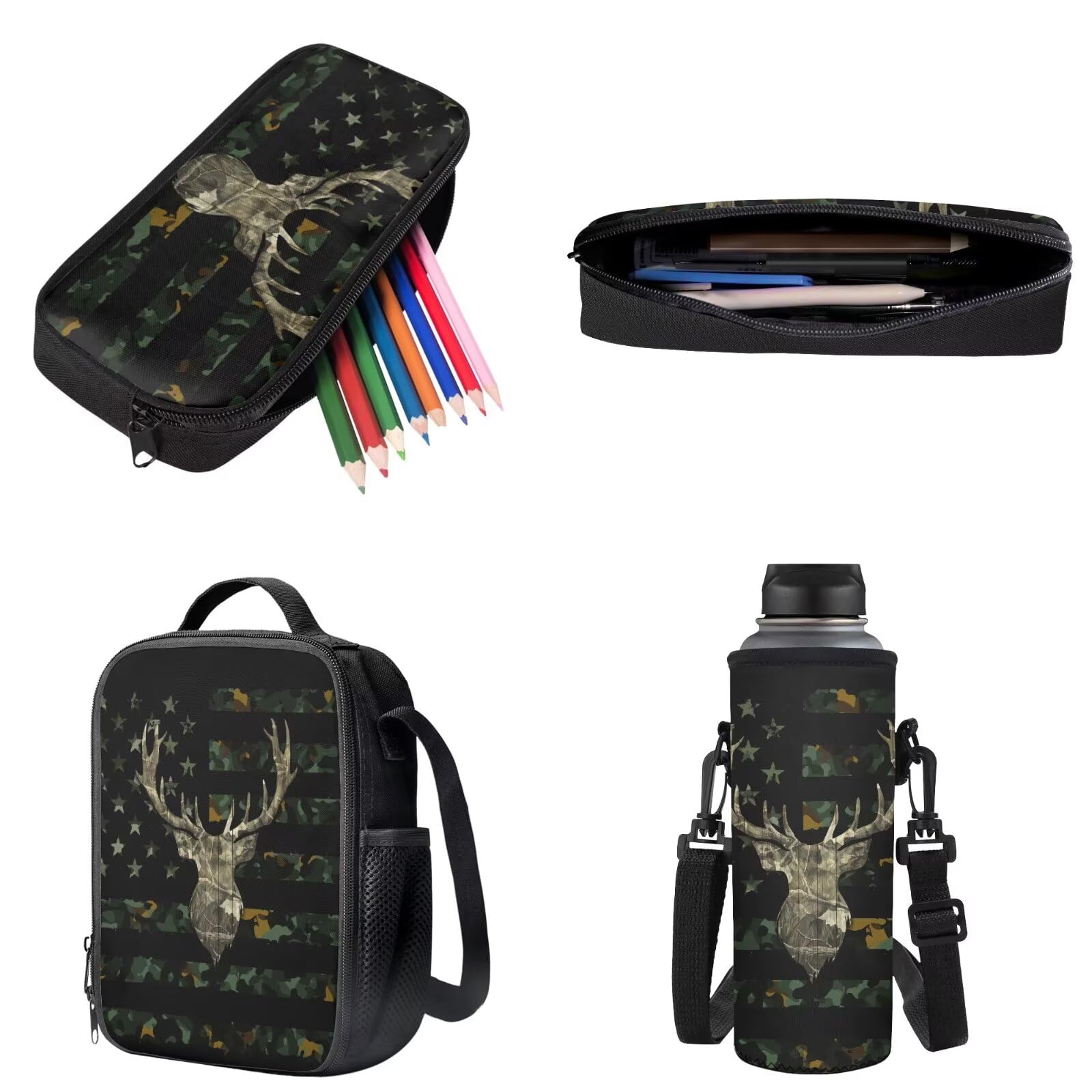 Poceacles Zestaw tornistrów, 4 sztuki z piórnikiem, plecak o dużej pojemności, pudełko na lunch, torba na butelki, przybory szkolne, Polowanie na jelenie las moro amerykańska flaga, Jeden rozmiar
