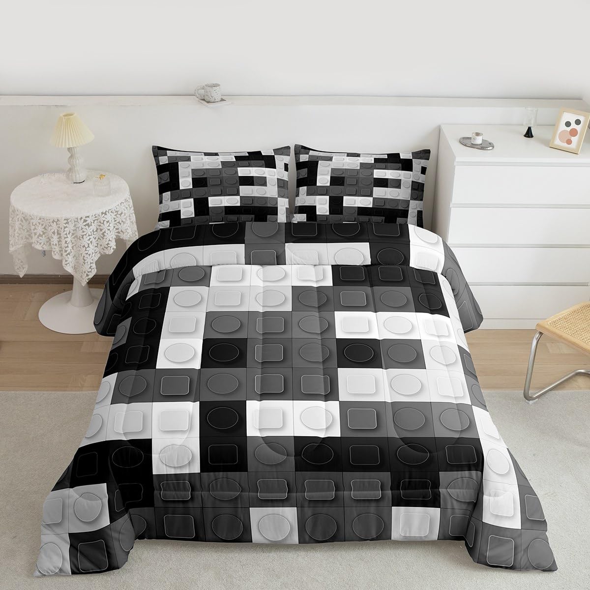 Feelyou Building Blocks Comforter Set Twin Size Kids Games Toy Comforter for Boys Teens Toy Brick Bedding Set Breathable Black Grey White Duvet Set