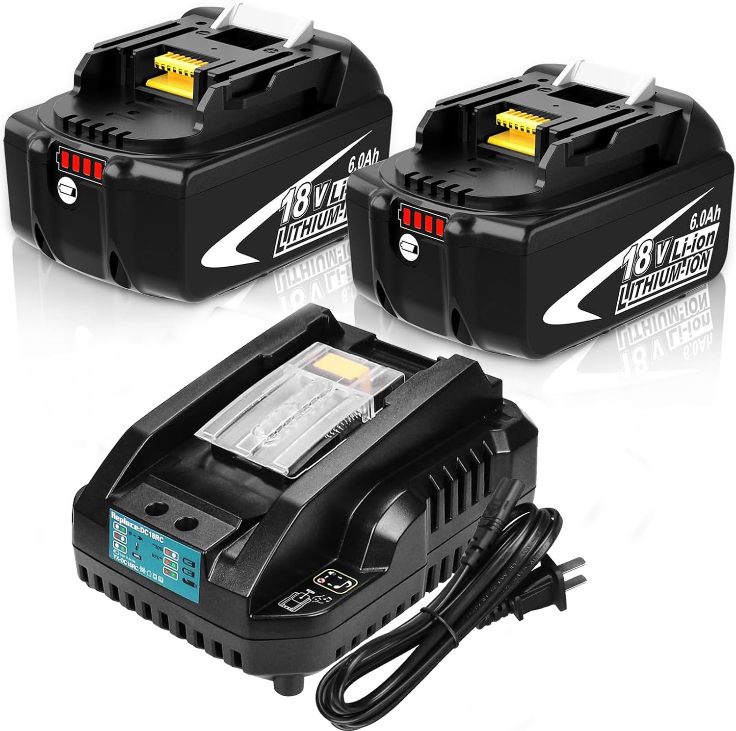 2Packs 6.0Ah BL1860B 18 Volt Replacement Battery and DC18RC Charger Compatible with 18V Battery Lithium ion BL1815 BL1820 BL1830 BL1840 BL1850 BL1850B BL1860 LXT-400 Tools with LED Indicator (White)