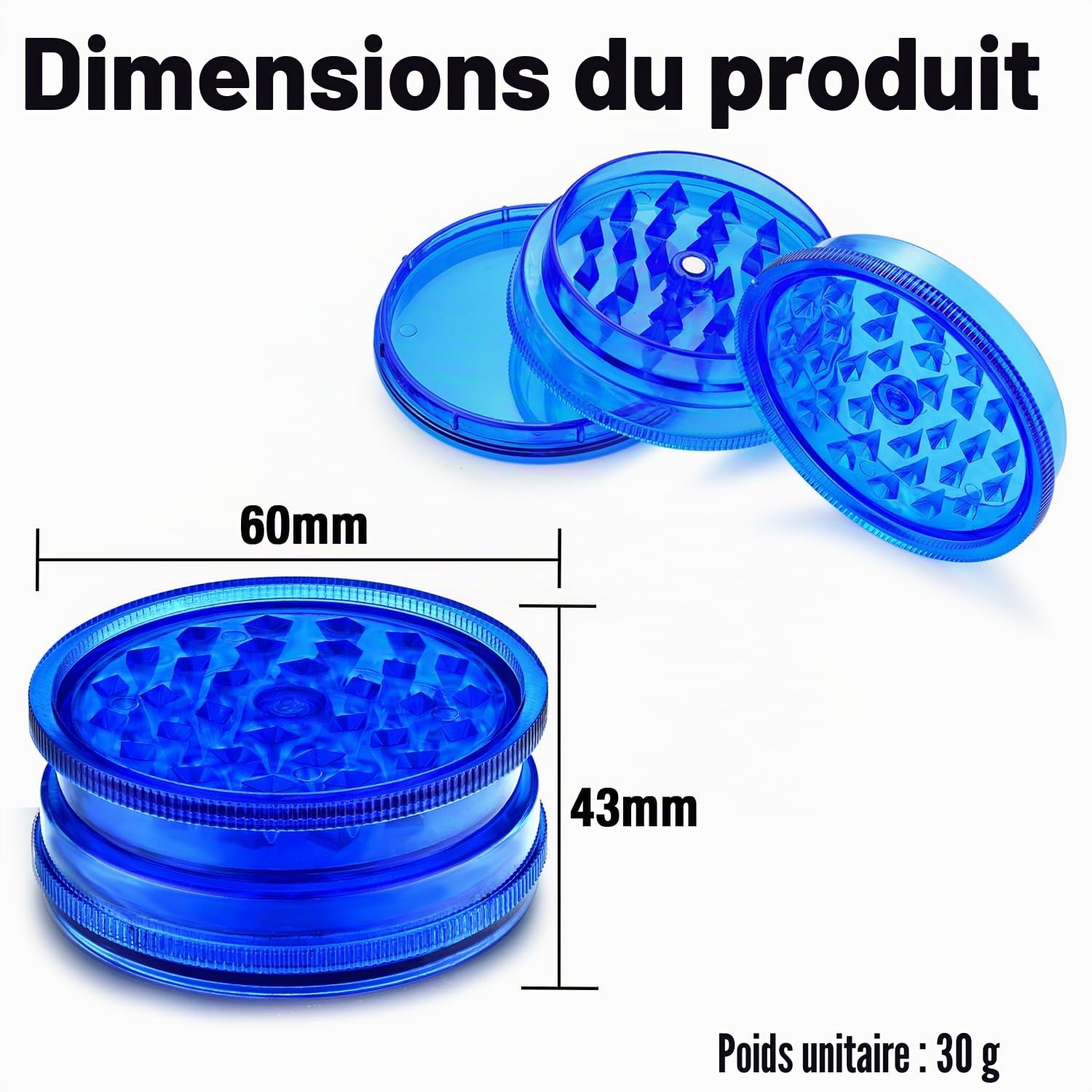 Pack x6 Moulins à herbes en plastique, Grinders 2,4 pouces (60mm), Grinder à 3 pièces, incluses couvercle magnétique et compartiment de rangement hermétique