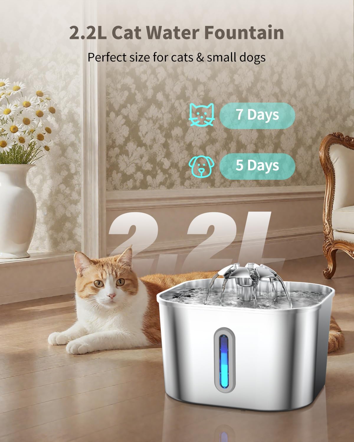 Cat Water Fountain Stainless Steel, 2.2L/74oz Cat Fountain with Quiet Pump, Automatic Pet Water Dispenser, Ideal for Multi-pet Homes, Fresh & Clean Water for Cats and Dogs - Image 2