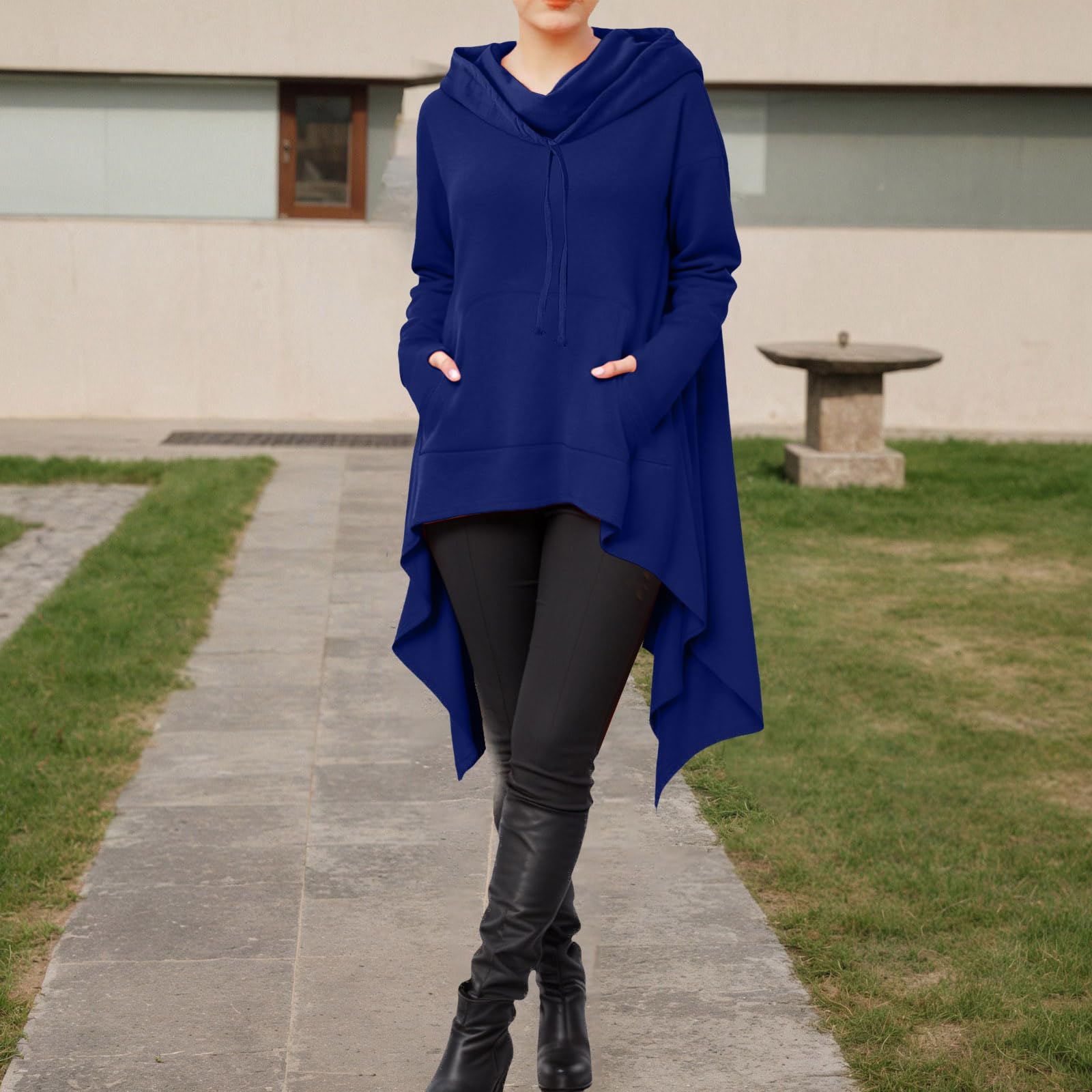 Felpa con Cappuccio Lunga da Donna, Tinta Unita, Orlo Alto e Basso, Stile Gotico, Maniche Lunghe, Tasche Oversize Felpe Invernali Ragazza Felpata
