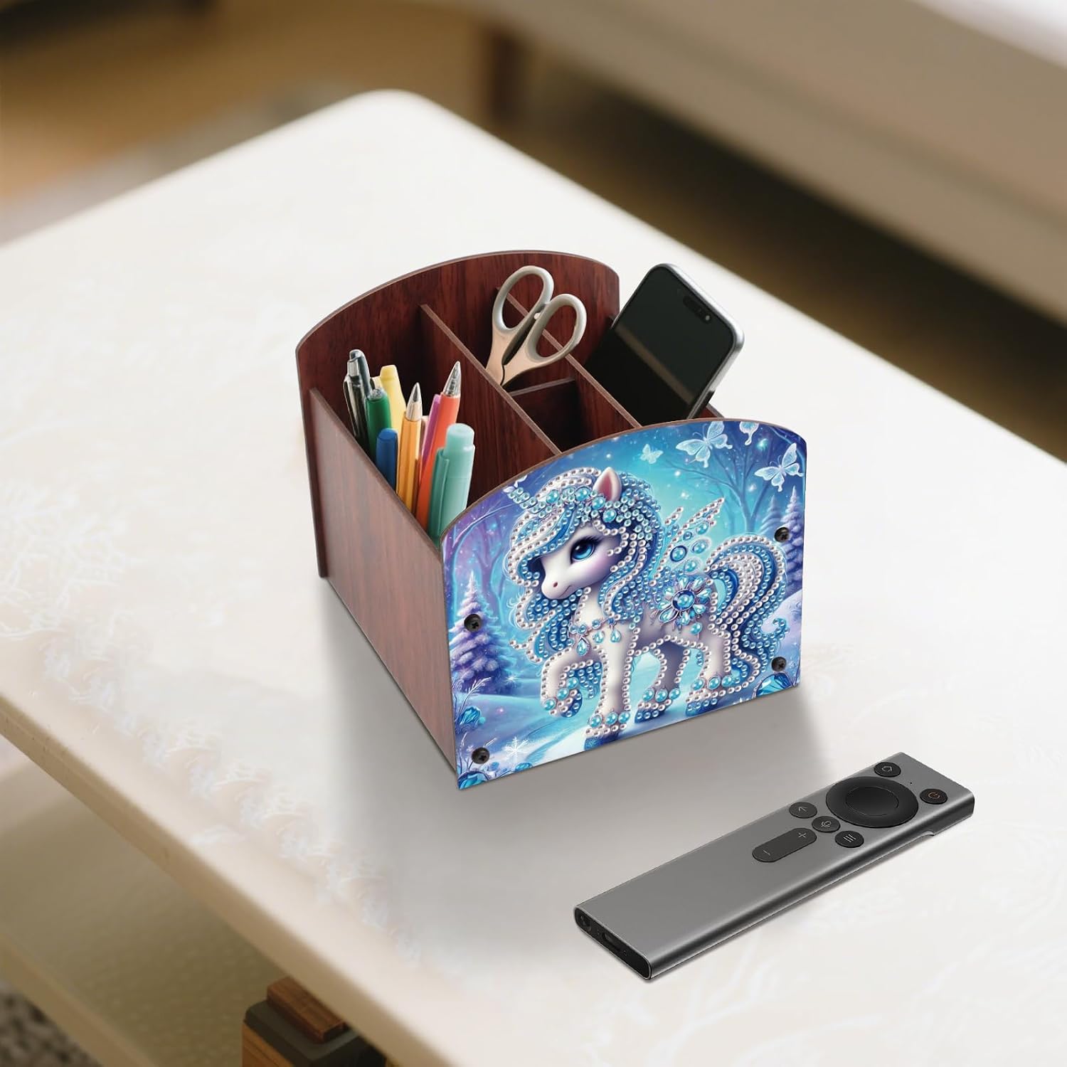 Diamond Painting Wooden Desk Organizer, DIY Diamond Art Storage Box, Crystal Rhinestones Art Kit for Desktop Ornament, Jewelry Box & Pen Holder with Winter Blue Fantasy Design