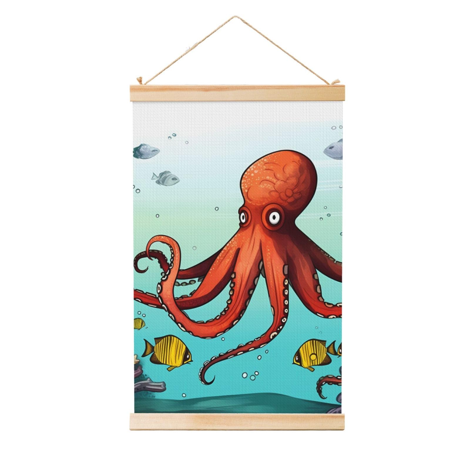 Giant Octopus Posters Wooden Shaft Hanging Poster Canvas Prints Scroll Wall Art Painting Vintage Wall Banner Modern Artwork Decor for Home Decor Ready to Hang 20"x30"