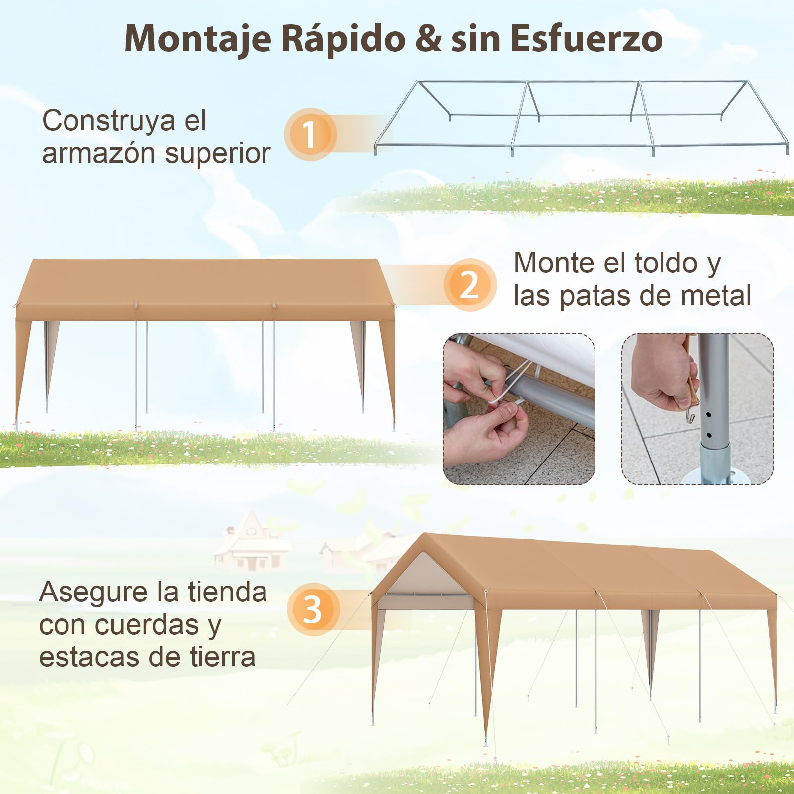 COSTWAY Carpa de Garaje Portátil de 3 x 6m, con Estructura de Metal Galvanizado, Lona Exterior para Coche, Barco o Fiesta (sin Laterales Removibles)