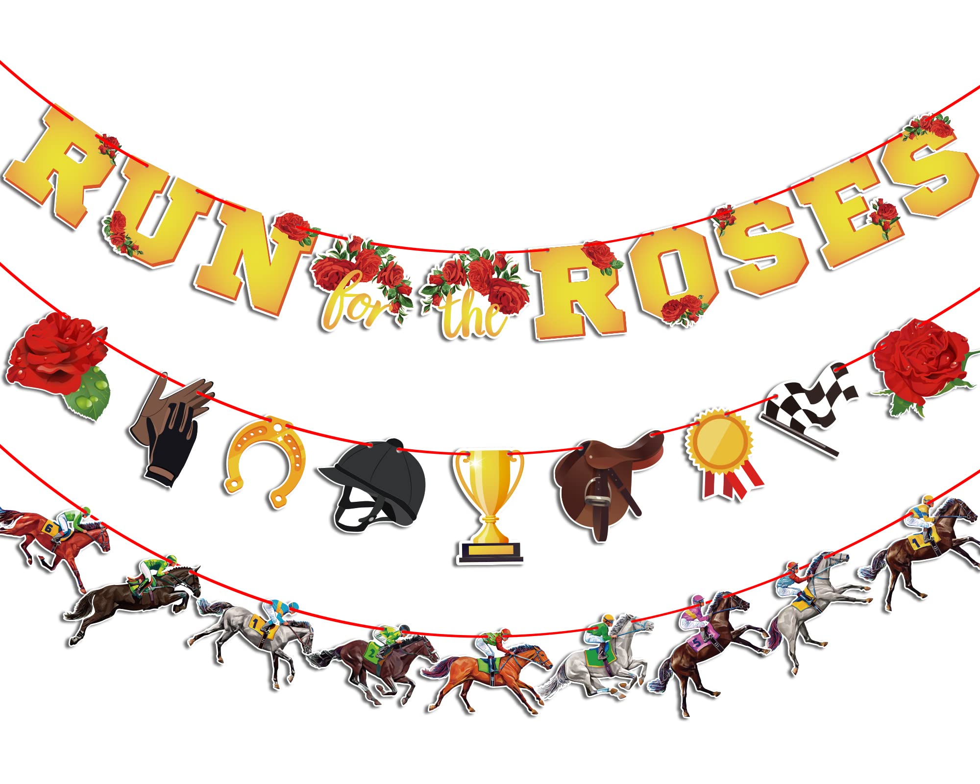 Derby Day Run for The Roses Banner Decorations, Pre-assembled Horse Racing Garland Banner Supplies for Birthday Party Racetrack Stadium Wall Home Decor