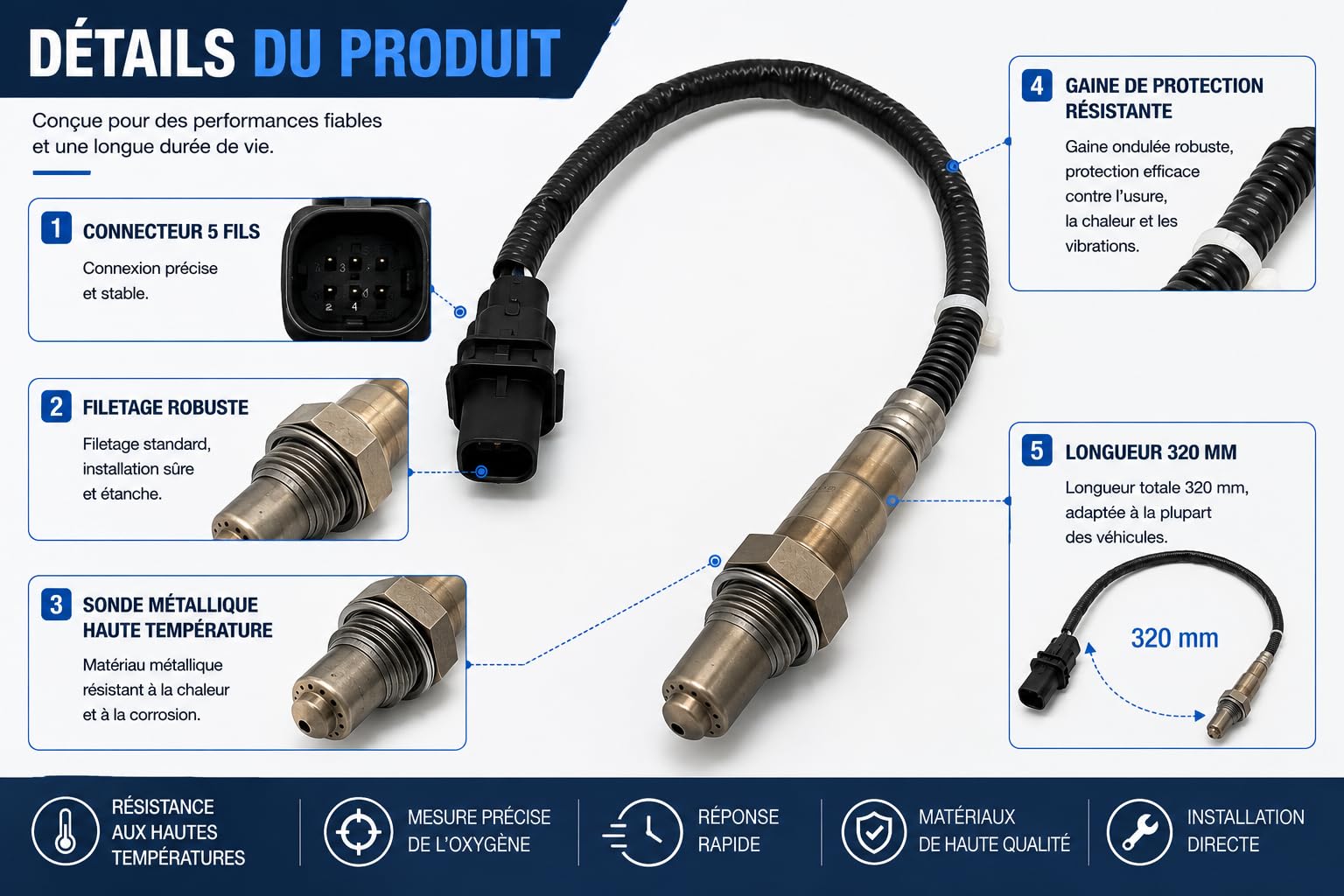 Capteur d’Oxygène Sonde Lambda Amont 0258017217 5 Fils 320mm Compatible avec Citroën C3 C4 C5 DS3 DS4 Compatible avec Peugeot 207 208 308 508 2008 3008 5008 Compatible avec Mini R55 R56