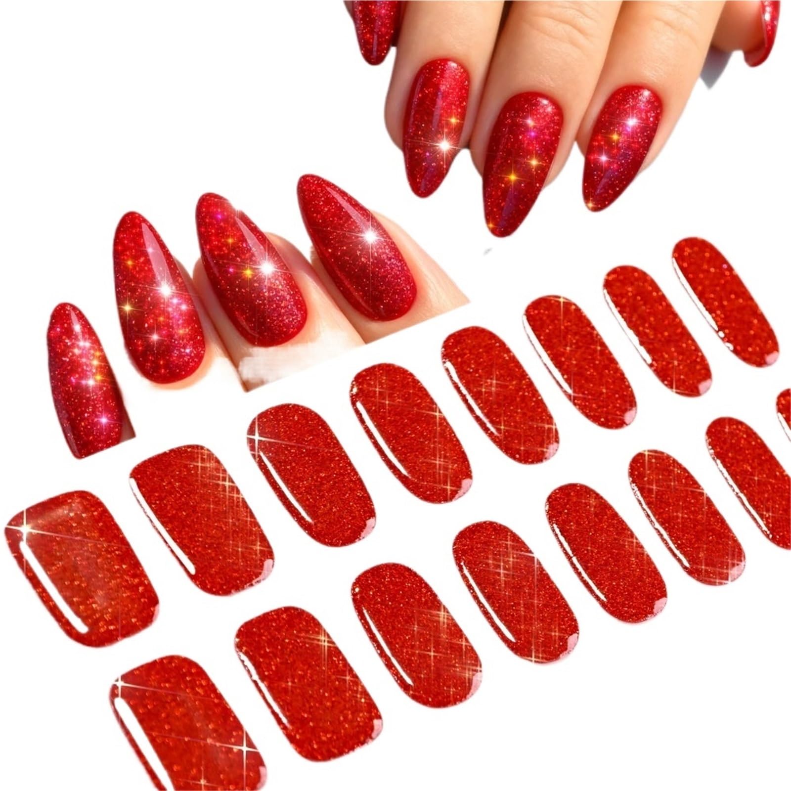 5Pcs Glitter Gold Nail Strips - Semi-Cured Self-Adhesive Full Wraps for Gel Nails with Nail File(Glitter red)