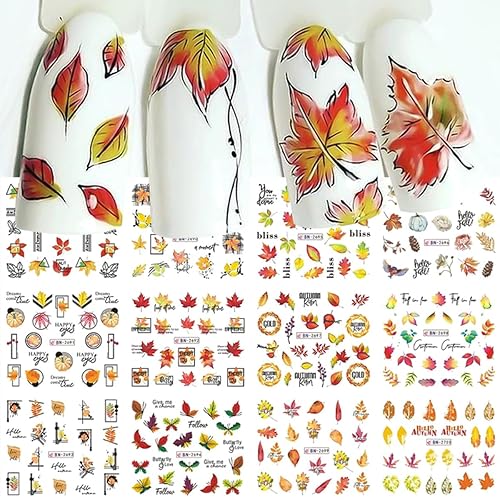 Miniatura 7 de 12 calcomanías de uñas de otoño, calcomanías de agua de hoja de arce, día de Acción de Gracias, marca de agua, hojas, línea, letra, transferencia