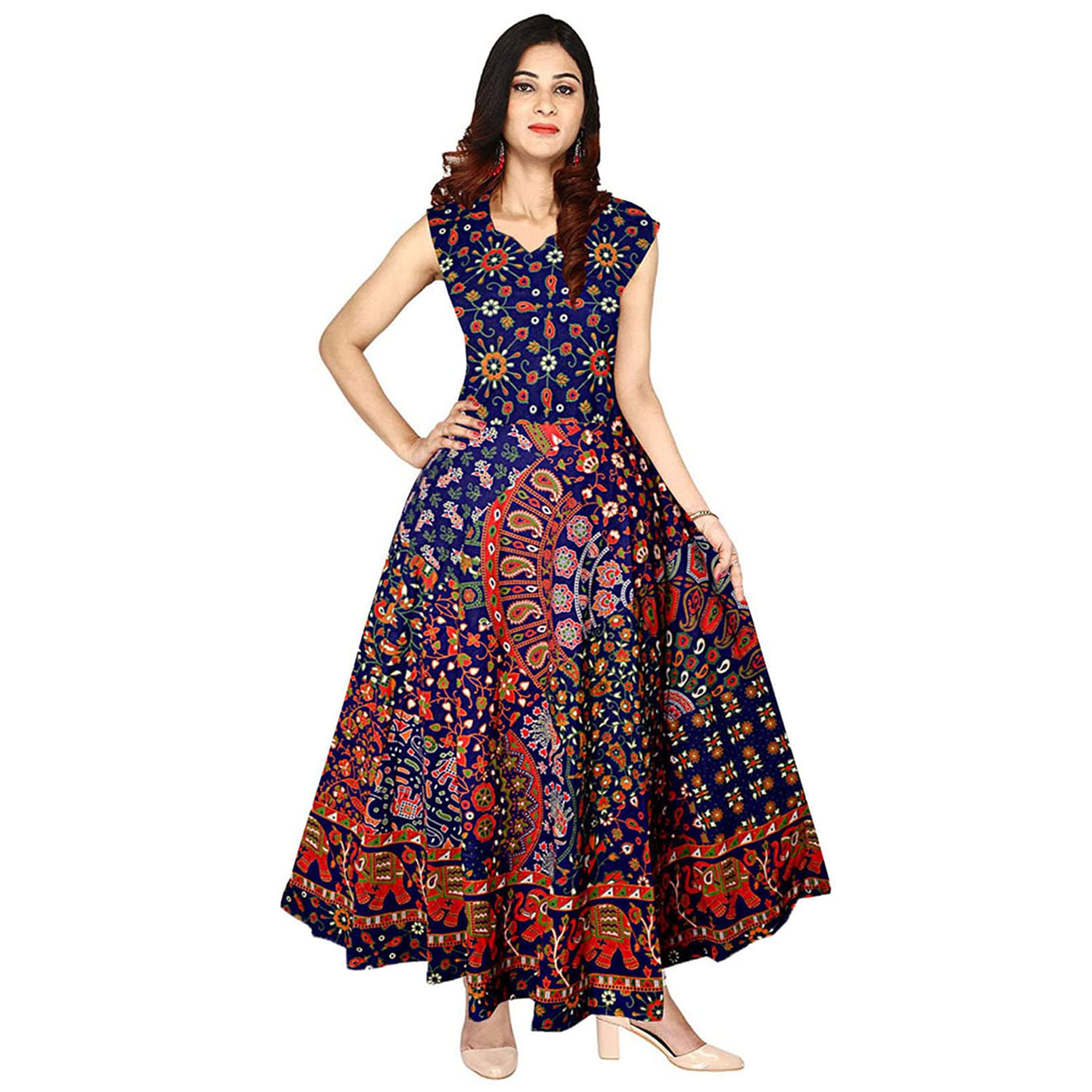 new kanishka boutique Women's A-Line Rayon Rajasthani Paisley Print Long Maxi Gown Dress - (Free Size Upto XXL) Multicolour-picture-49