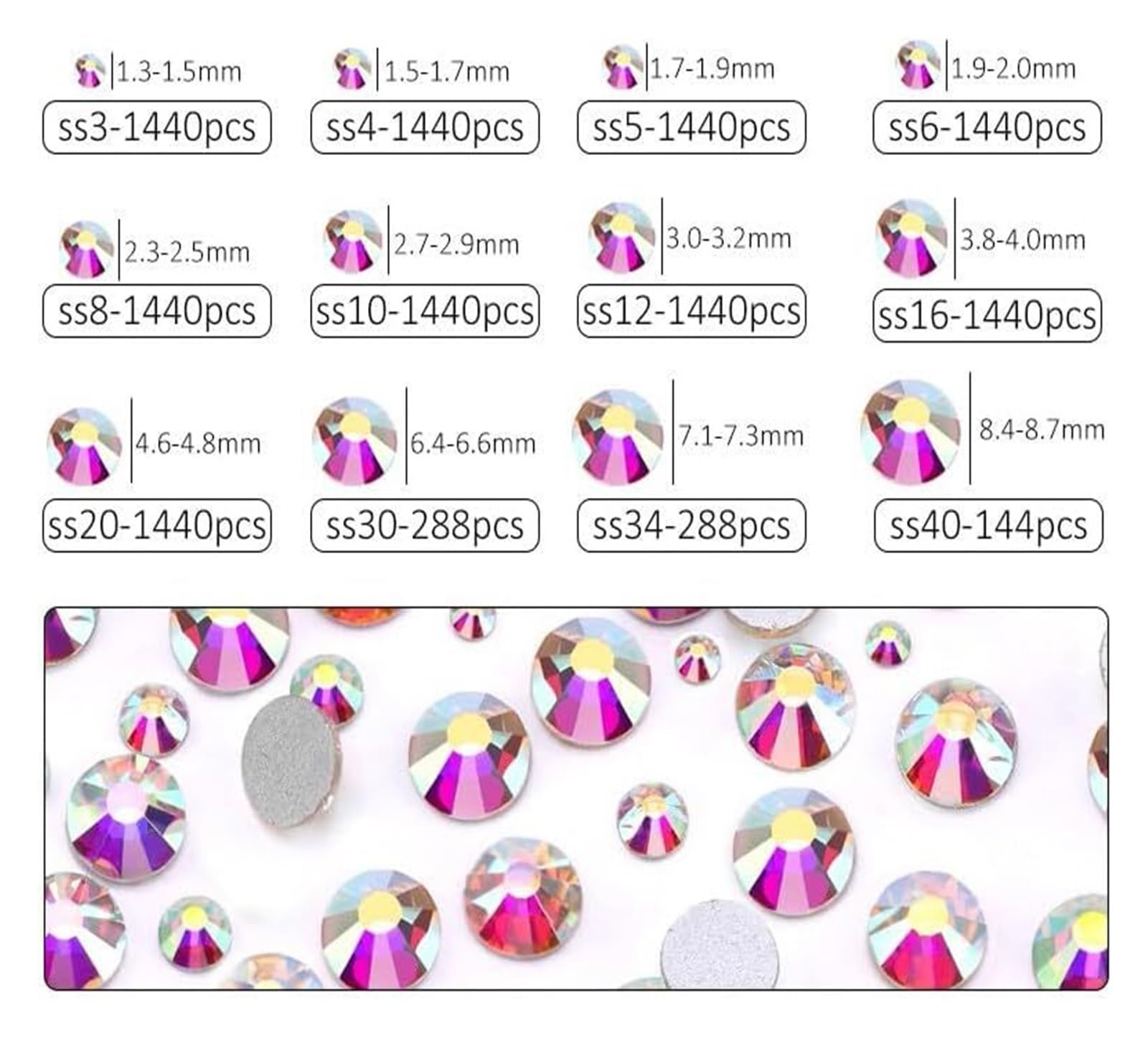 di un diamante di cristallo, Gemme for unghie con strass Crystal AB Flatback Multicolor SS4-SS30(Champagne AB,SS8-1440pcs)