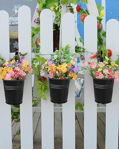 Miniatura 4 de Paquete de 12 macetas de barandilla para plantas al aire libre, macetas pequeñas colgantes de balcón de 4 pulgadas con ganchos desmontables y Negro