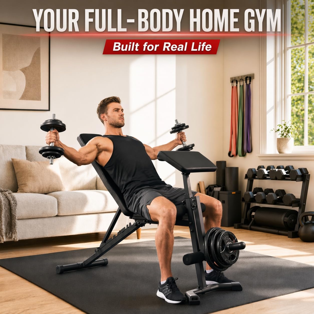 OPPSDECOR Adjustable Weight Bench, 800 LBS Foldable Workout Bench with Leg Extension & Preacher Curl, Extended Headrest, Incline Decline Flat, Heavy Duty Bench Press for Home Gym Strength Training