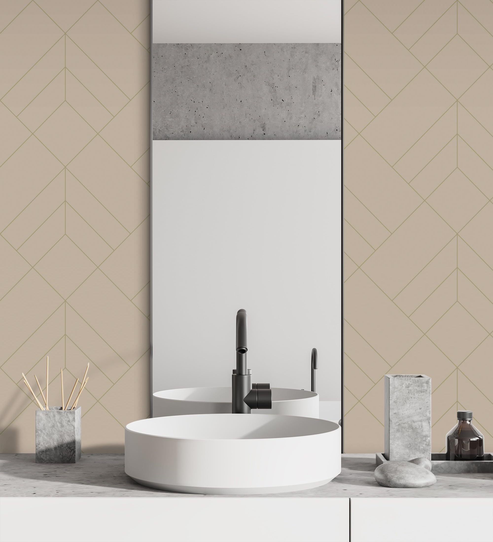 GAULAN 682085 - Papel pintado geométrico de rombos con líneas doradas fondo nude estilo Art déco para pared salón cocina baño dormitorio pasillo - Rollo de 10 m x 0,52 m