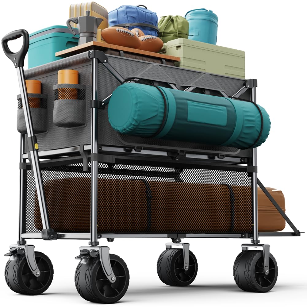 Collapsible Wagon Double Decker Wagons Carts Foldable for All Terrain, Grey