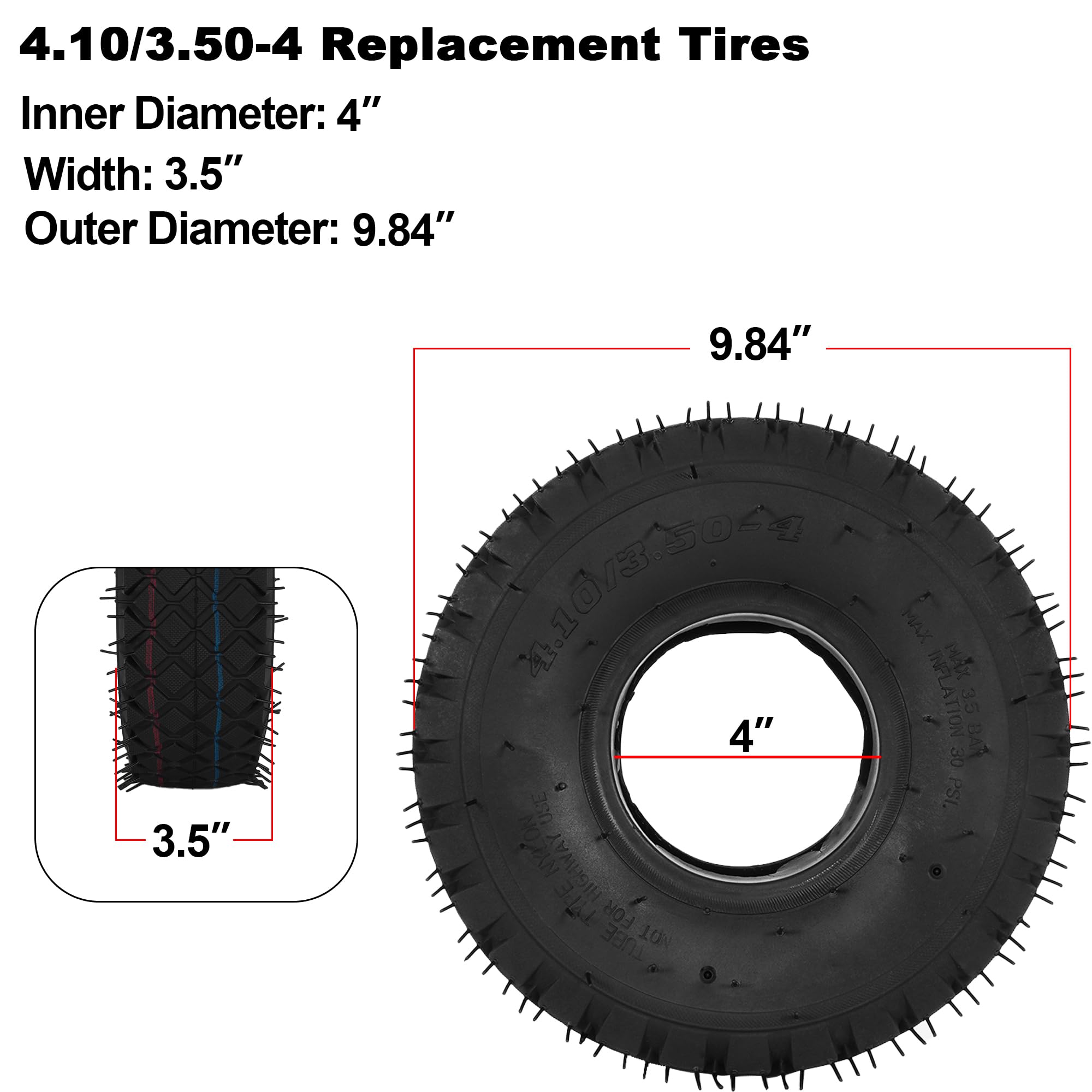 4.10/3.50-4 Pneu Chambre à Air pour ATV Quad 4 Roues Go Kart Tondeuse à Gazon Souffleuse à Neige Camion à Main Tracteur Brouette Générateur Utilitaire Chariot Mini Vélo 2 Set