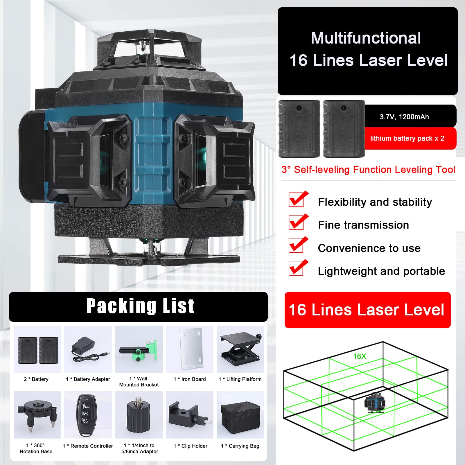 Livello laser 360° 4D 16 linee di auto-livellamento del livello laser verde rotante | IP54 impermeabile | 2 batterie da 2400 mAh ricaricabili | telecomando | livello laser 360