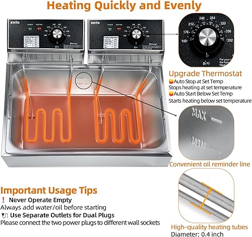 Miniatura 3 de Freidora comercial con canastas, 3400 W, 12.7 cuartos de galón  12.7 litros12 l espesada de acero inoxidable para encimera, freidora de aceite