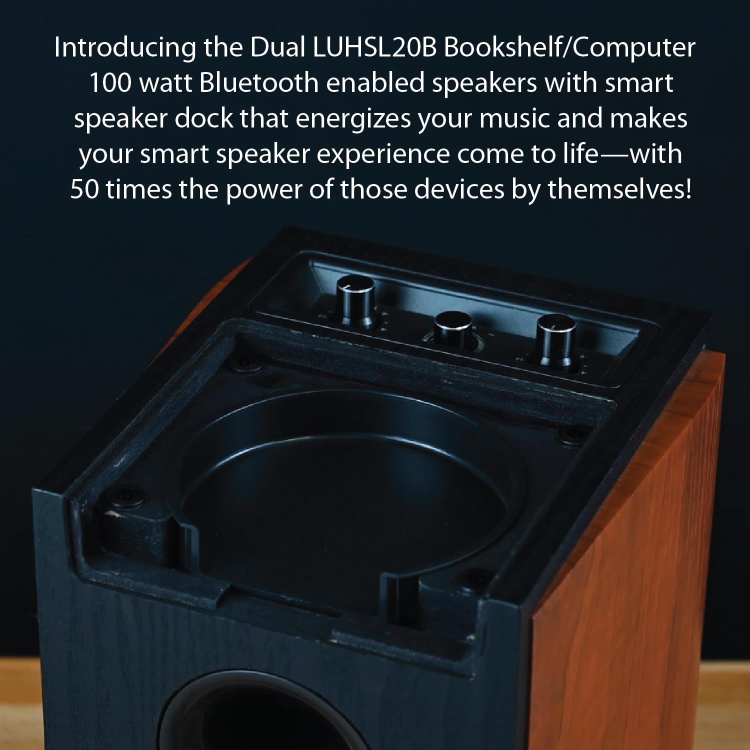 Dual Electronics LUHSL20B Cherrywood & Black 2-Way Bookshelf Speakers with Smart Speaker Dock | Class-D Amplifier | Bluetooth | Home, PC | Loud & Deep Bass | Wireless Remote Control | Sold in Pairs
