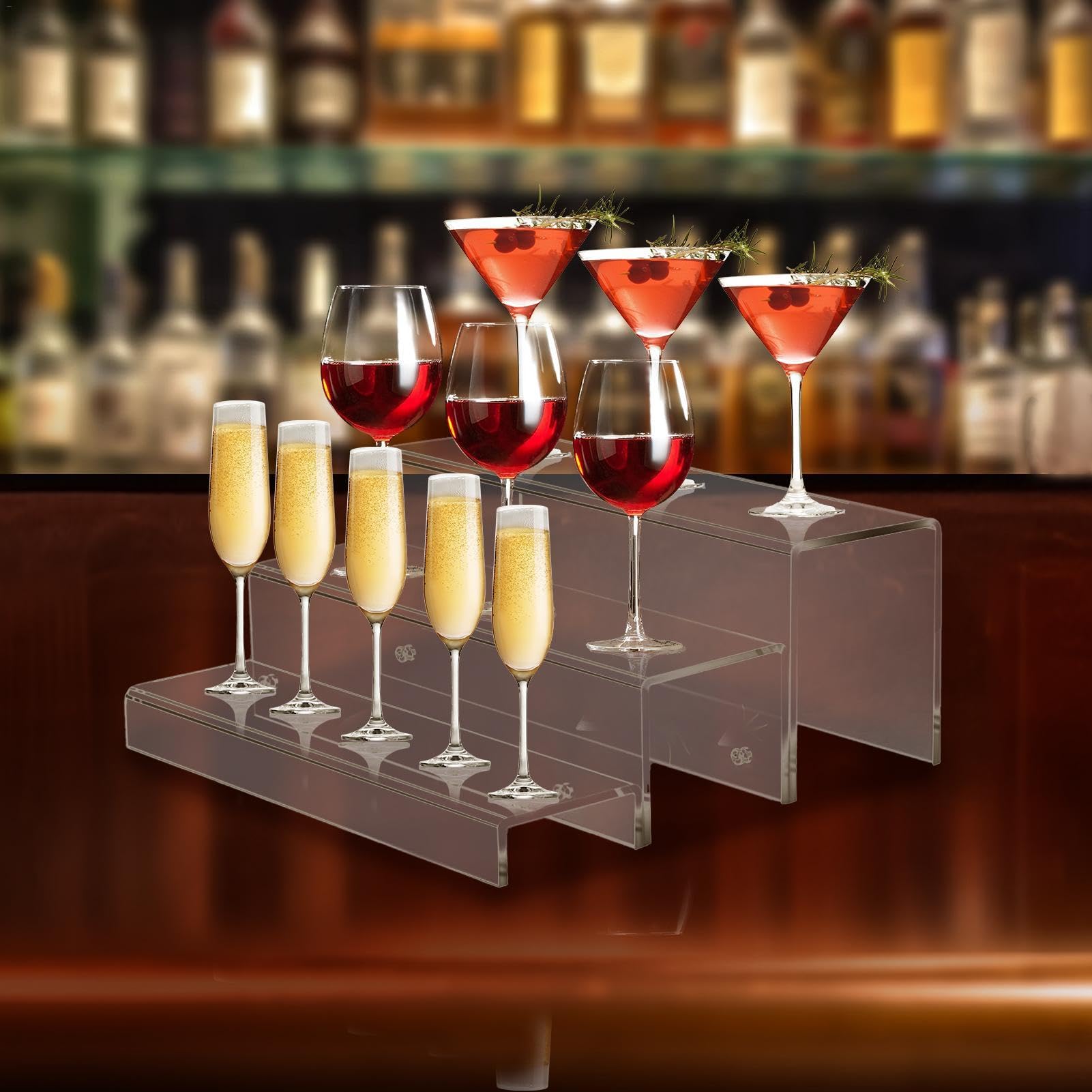 Liquor Bottles, 3-Tier Acrylic Liquor Display Stand, Liquor Bottle Riser Shelf, Wine Bottle Display Rack For Home Bar, Acrylic Liquor Bottle Stand, Tiered Wine Bottle Organizer, Home Bar Liquor Shelf
