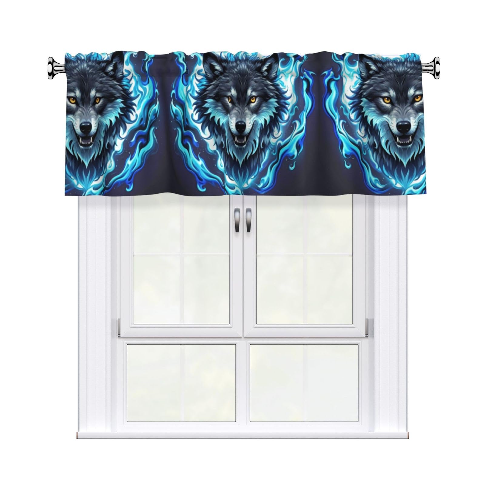 LMNGH Wolf Head in Blue Flames Curtain Valance for Windows,Kitchen Window Curtains Blackout Drapes Window Treatments Decorative Rod Pocket Short Curtain for Living Room Bedroom,54" W x 18" L