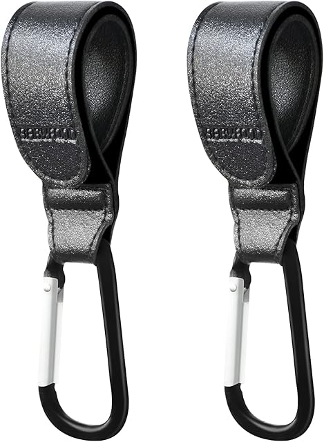 2Pcs Stroller Hooks for Hanging, Babyfond Premium Leather Style Stroller Clip Straps, Baby Stroller Hooks for Diaper Bags Grocery Shopping Bags, Mommy Hook for Stroller(Black)