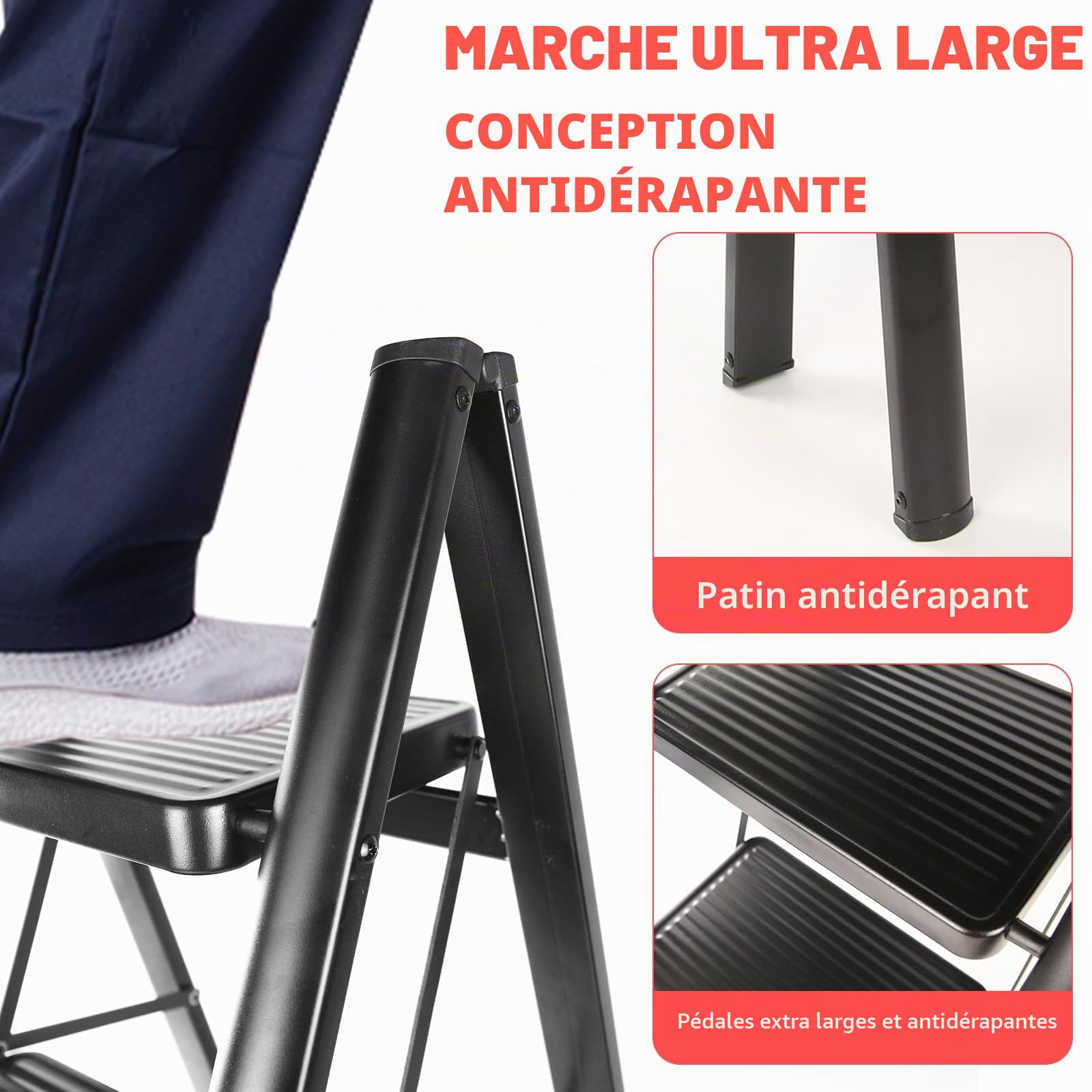 Escabeau 3 Marches Pliable, Grandes Marches, Petite Échelle Domestique pour La Cuisine 3 Marches, Facile à Utiliser, Capacité Charge 150kg