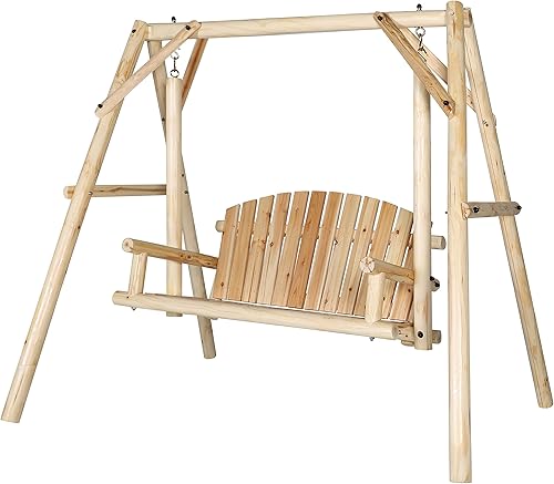 MUPATER Planeador de columpios de madera para patio al aire libre con soporte de marco A, silla de banco de madera para 2 personas con respaldo