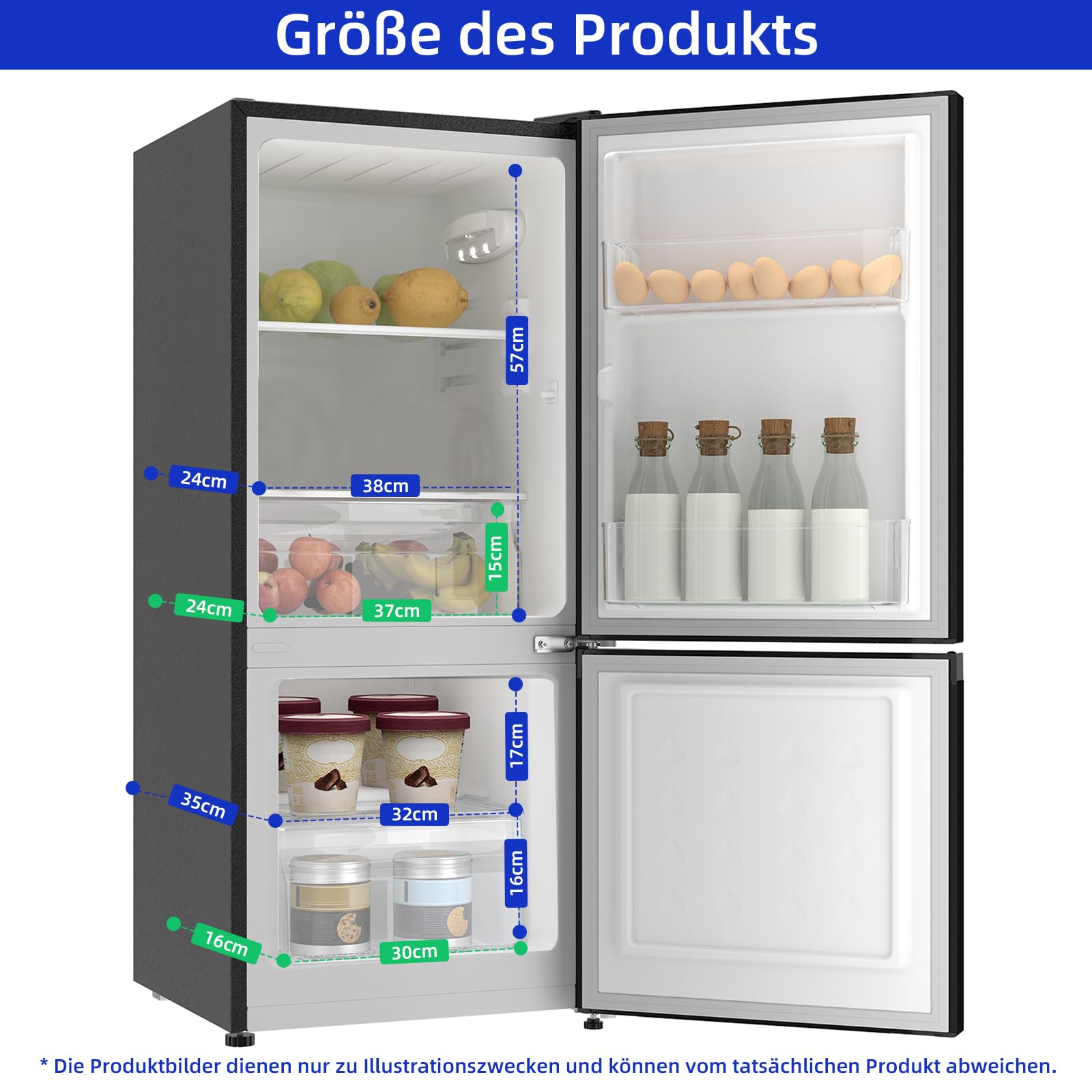 CHIQ Freistehender Kühlschrank mit Gefrierfach Kühl-Gefrierkombination 114 cm 47 cm 117L 4 Sterne -24℃ LED Dunkler Edelstahl