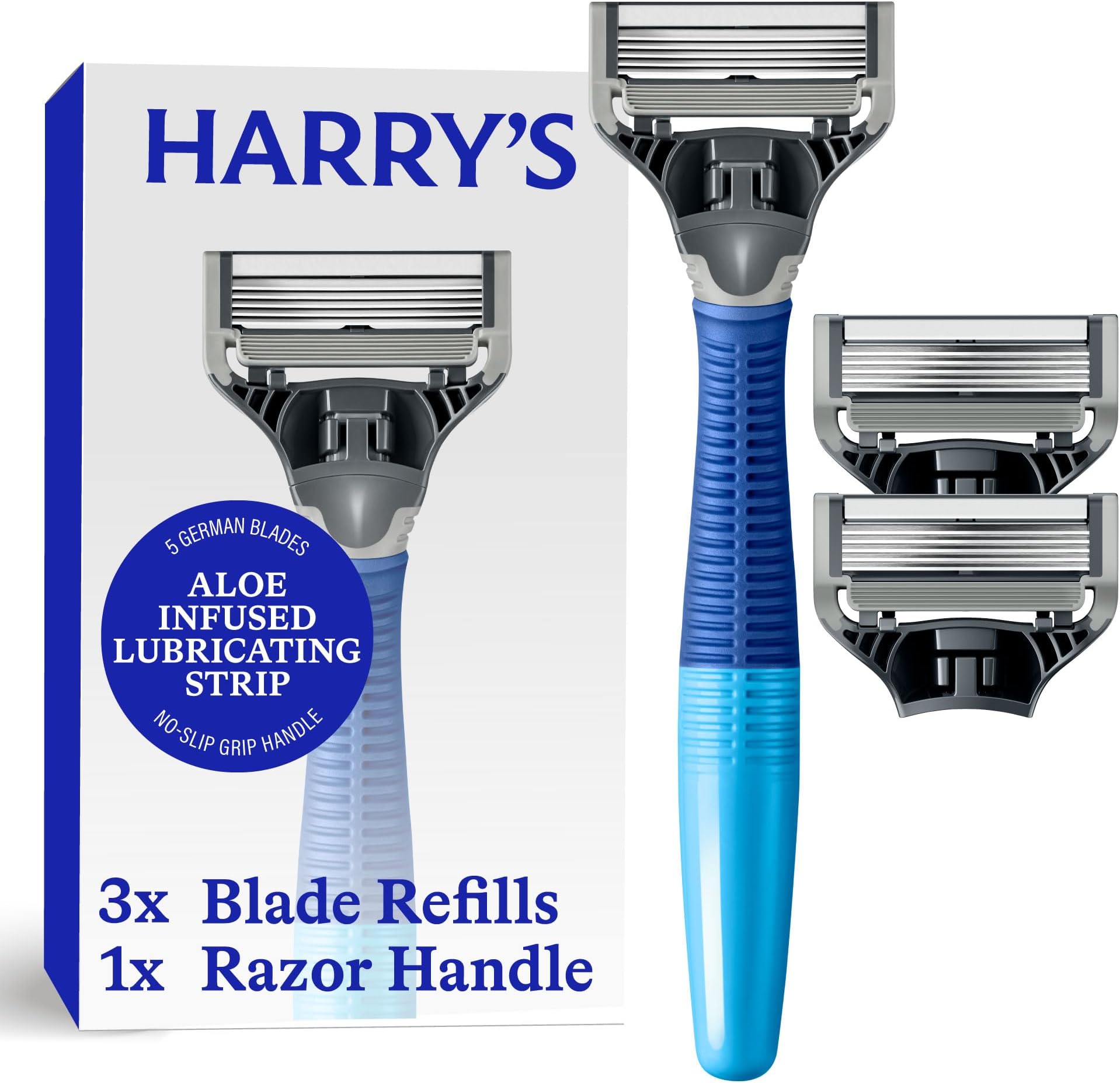 Harry's Original Shaving Kit for Men - Razor Handle and 3 Razor Blade Refill Cartridges - German Engineered - Ocean Blue
