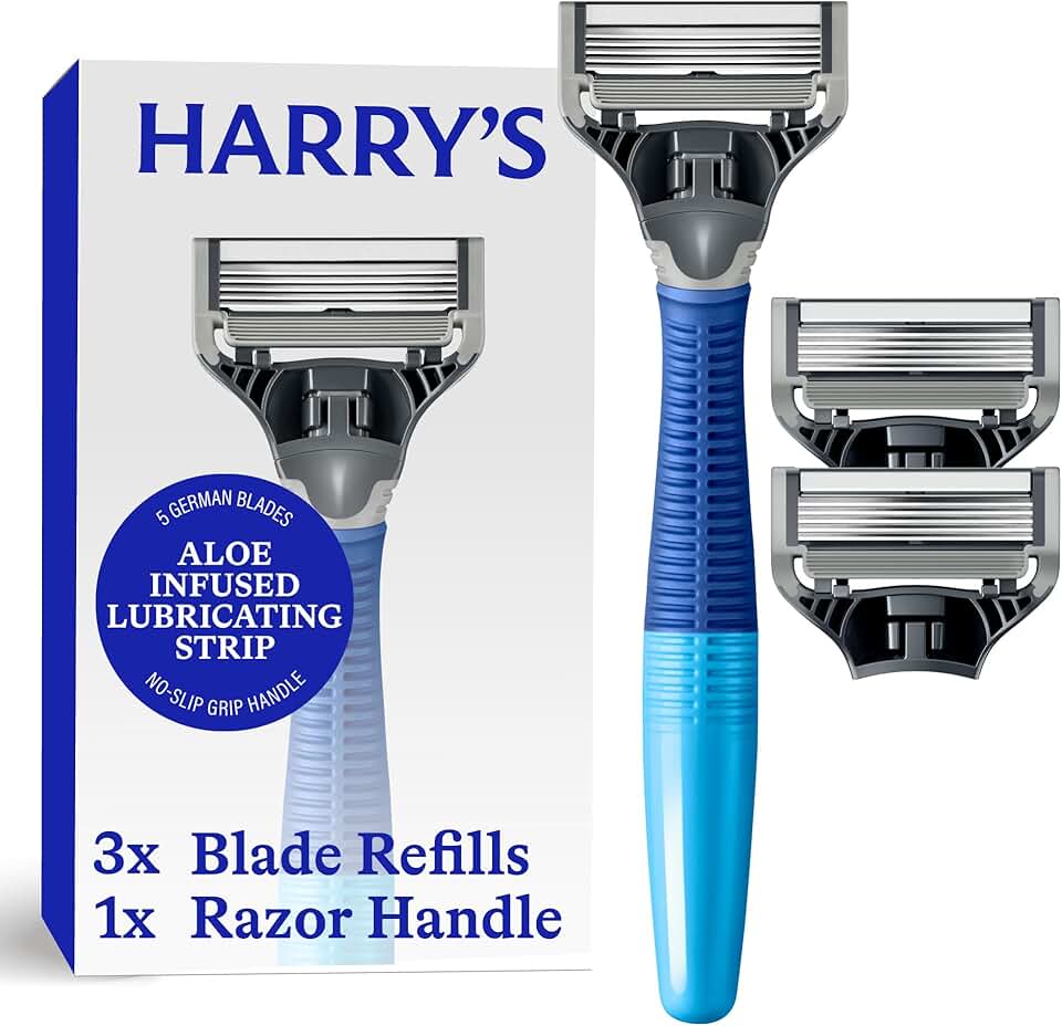 Harry's Kit de barbear masculino - cabo de barbear e 3 cartuchos de refil de lâmina de barbear - azul oceano