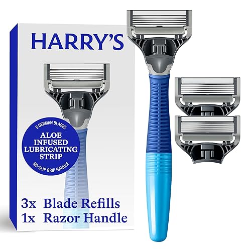 Harry's Kit de afeitado original para hombre, mango de afeitar y 3 cartuchos de repuesto de cuchillas de afeitar, diseño alemán, azul océano