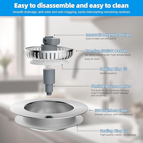 Vista 23 de Hibbent - Combo de colador y tapón de drenaje desplegable 3 en 1 para fregadero de cocina, de acero inoxidable, cesta antiobstrucción, con mango