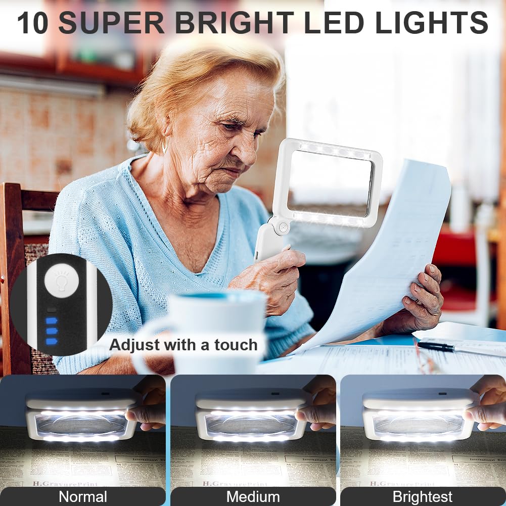 Loupe De Lecture 4X Avec 10 LED – Grande Loupe Pliante Éclairée, Rechargeable – Idéale Pour Lecture, Bijoux, Travaux Manuels
