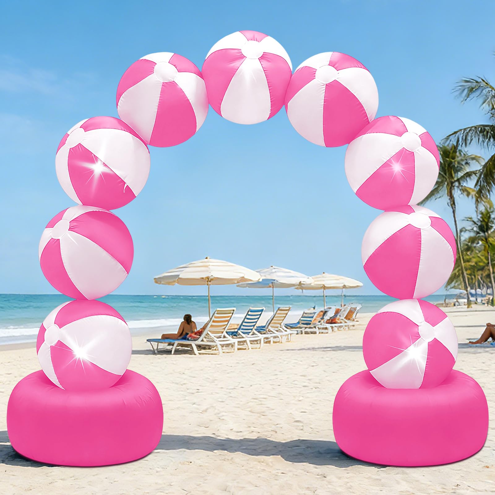 Photo 1 of 8FT Inflatable Beach Ball Arch Built-in 5 LED Lights Pink Blow Up Archway for Summer Outdoor Decorations Tropical Luau Carnival Pool Beach Birthday Party Supplies Yard Garden Lawn Photo Backdrop