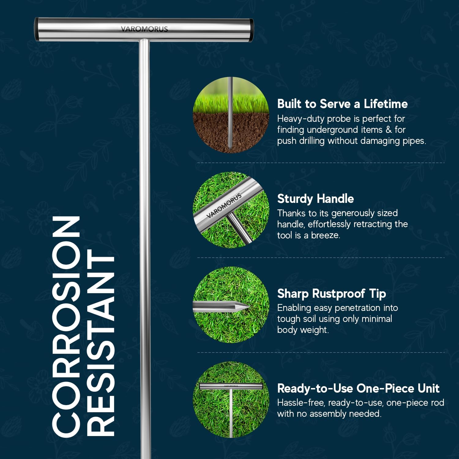 Varomorus Stainless Steel Soil Probe Rod, Septic Tank Locator for Locating Underground Pipes, Gardening, Landscaping, T Handle (21")