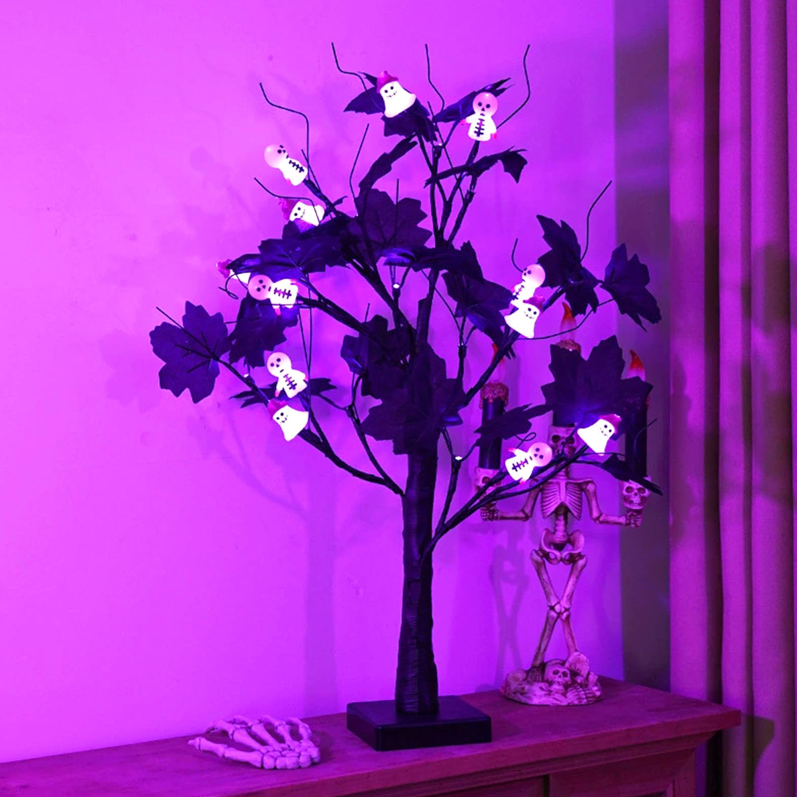 wpdash Halloween Ghost Skull Tree Lamp H:23.62" Glowing Skull Ghost Night Light LED Decor Light with Battery/USB for Murder Mystery Bar Counter Decoration Festive Atmosphere Decoration — image 1