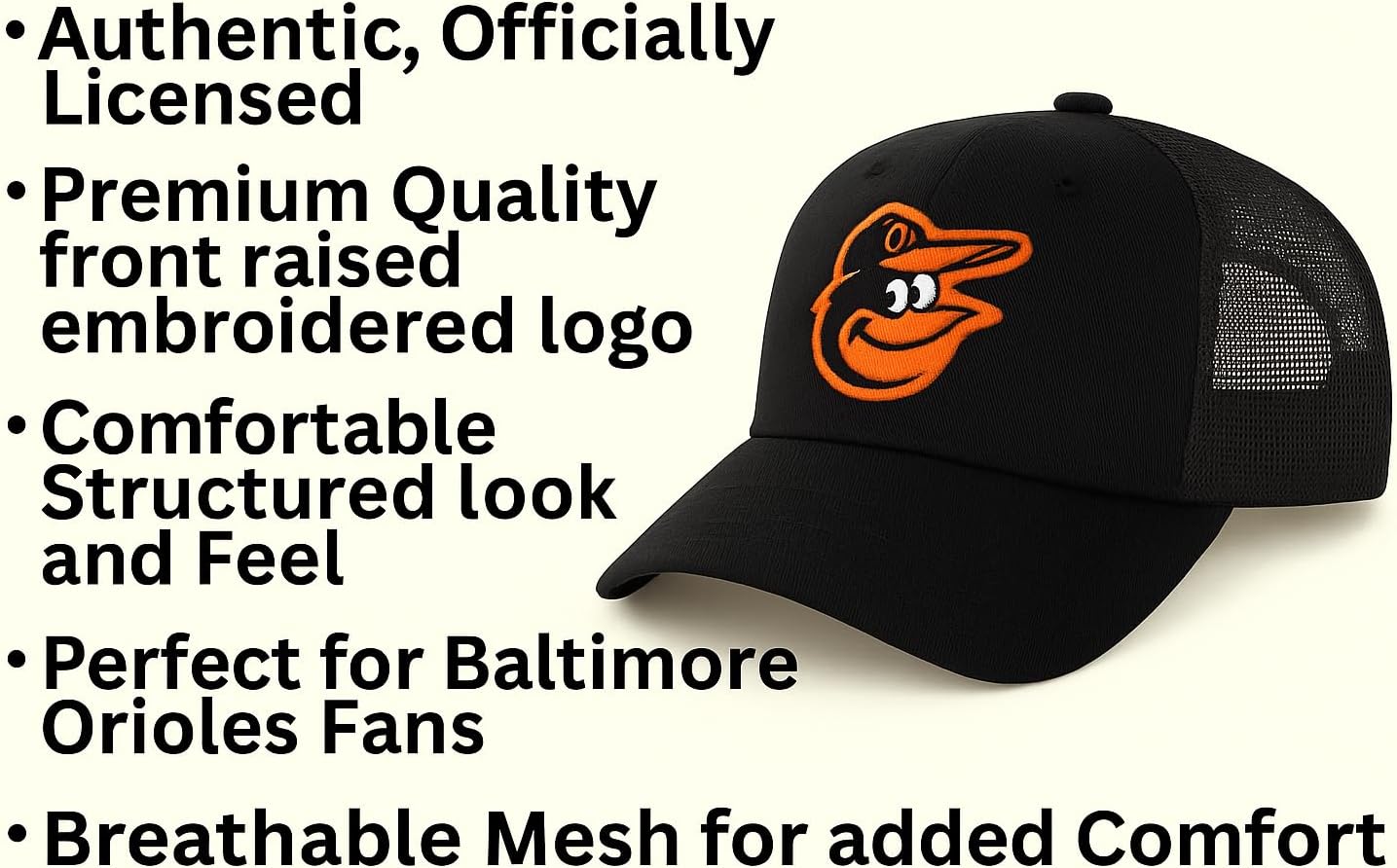 Officially Licensed Baltimore MVP Classic Primary Home Team Logo Black/Orange Mesh Trucker Snapback Hat Adjustable Embroidered Structured Sports Ball Cap