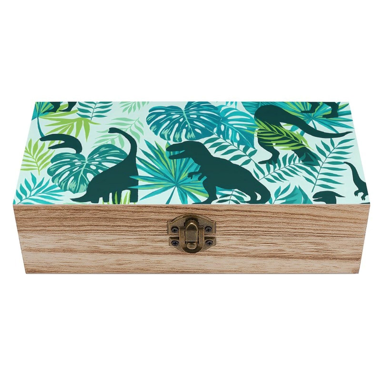 HLBSDM Green Dinosaurs & Tropical Leaves Retro Wooden Storage Box Jewelry Art Gift Boxs Decorative Keepsake Boxes