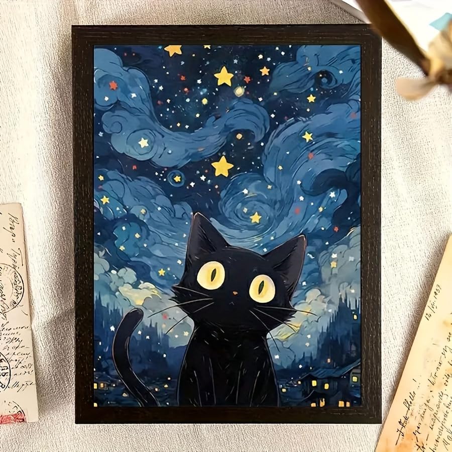Image of HASTHIP DIY Diamond Painting Kit for Adults, Cartoon Cat Starry Night Paint by Numbers with Tools & Accessories, 30x40cm No Frame Pre Outlined Canvas Diamond Art Kit