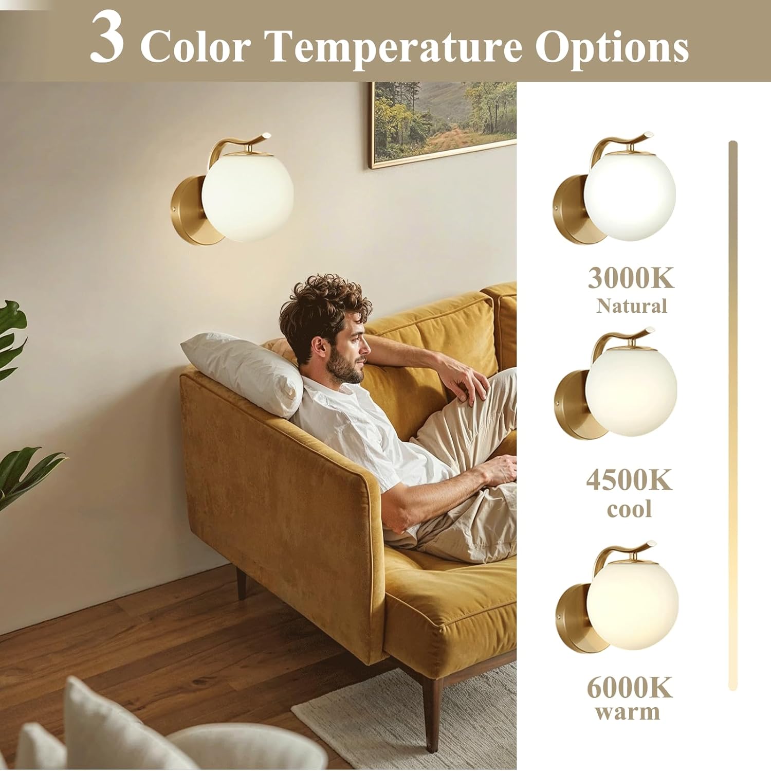 NanFeng Mid Century Modern Wall Sconce,Gold Vanity Wall Lamp with White Globe Frosted Milky Glass Lampshade,Art Deco Small Wall Mount Apple Light Fixture for Living Room Bedroom Hallway Bathroom-E26
