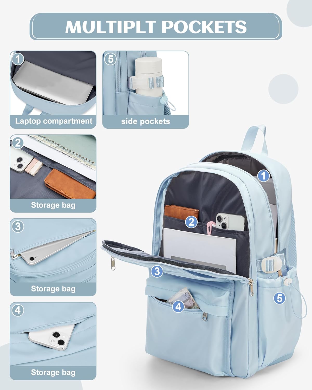 School Backpack for Teen Girls Lightweight College Backpack Women Travel Backpacks Waterproof High School Bookbag for Men Classic Casual Daypacks(Blue) - Image 4