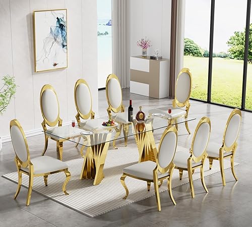 Miniatura 47 de SSLine Moderno juego de mesa de comedor de cristal de 7 piezas para 6 mesas de cocina y sillas de cristal dorado de lujo para 6 elegantes mesas de