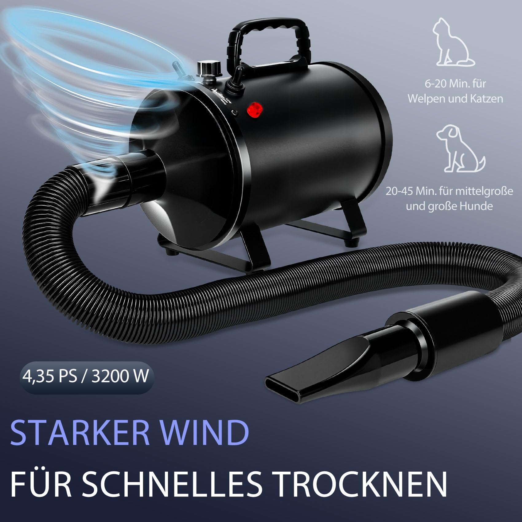 Hundefön 4,3PS/3200W mit 3 Temperaturstufen, stufenlos regelbarem Luftstrom und 5 Aufsätzen – Professioneller Hundetrockner für Haustierpflege