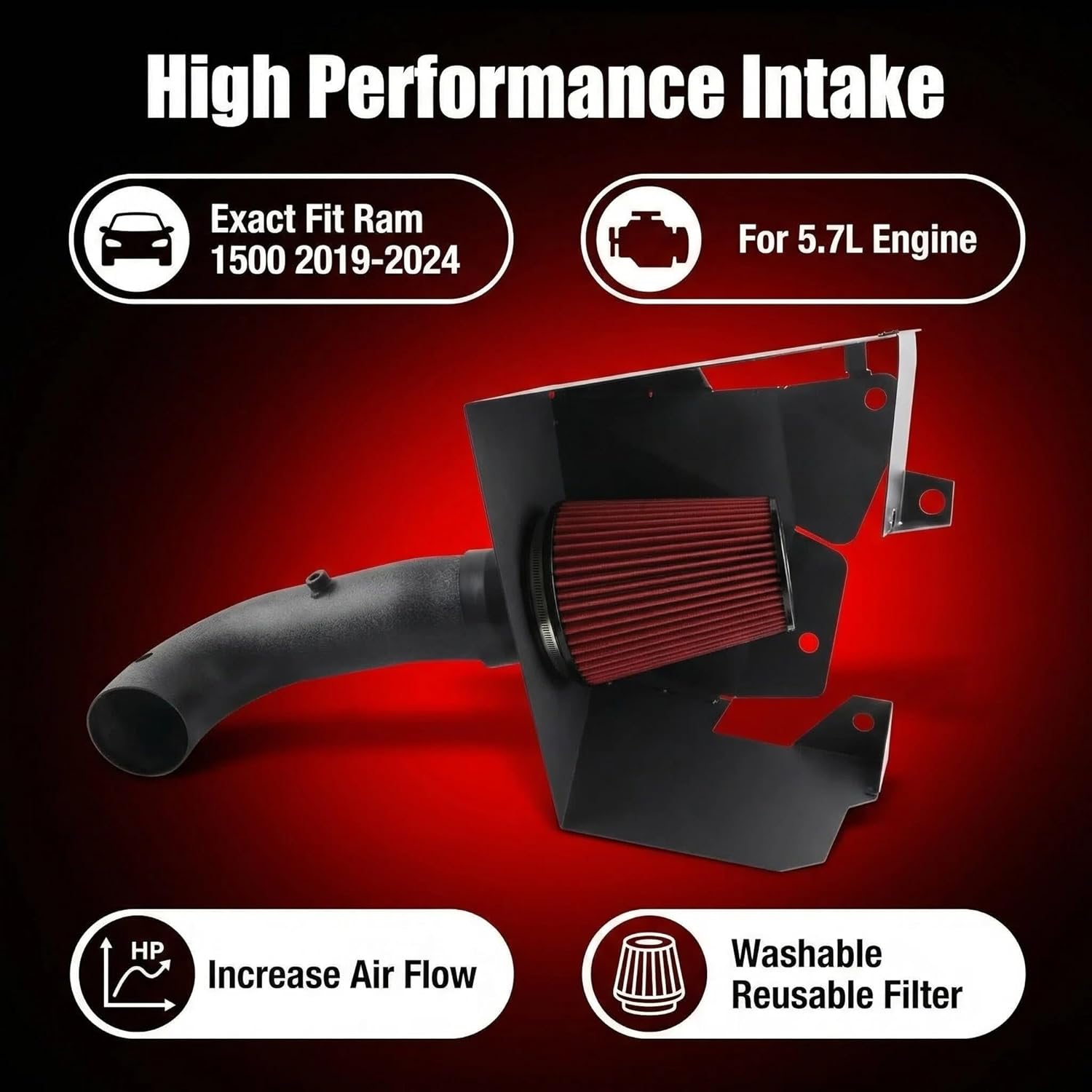 Cold Air Intake Fit for 2019-2024 Ram 1500 Cab Pickup 4-Door 5.7L 2WD/4WD, Heat Shield Filter Red