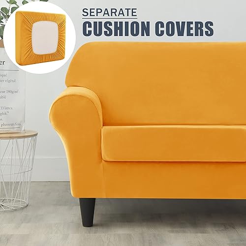 Miniatura 4 de CONRUSER Funda elástica para sofá, funda de terciopelo suave para sofá de 3 cojines, protector grueso de muebles para mascotas y niños (dorado, L)